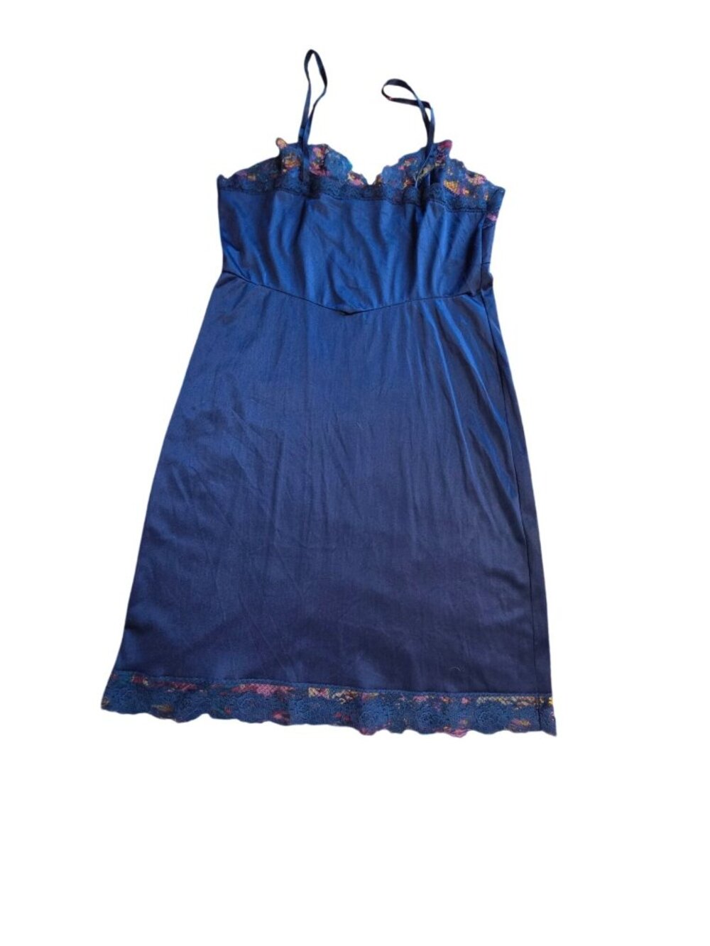 Vintage 70s 80s Cobalt Blue Satin Slip Dress Nightgown Lace L 14 Coquette - Picture 5 of 6